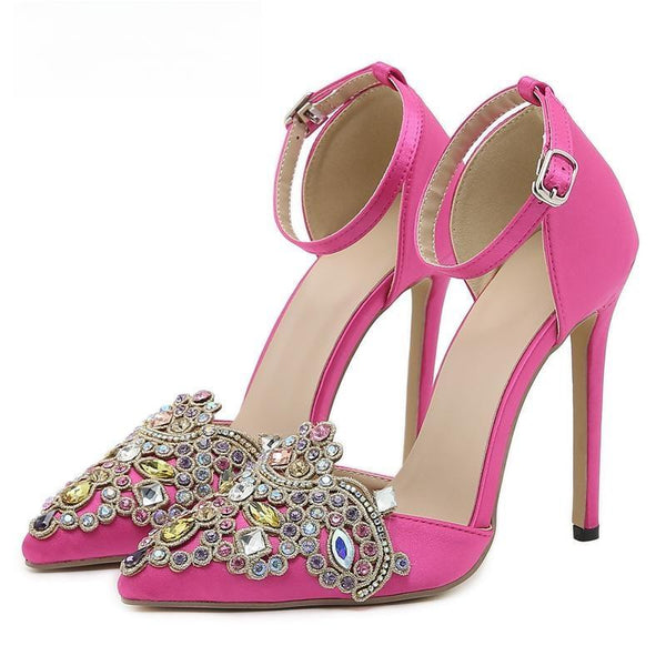 Satin CRYSTAL Pumps Women Ankle Strap Pointed Toe Bridal Stiletto Heels