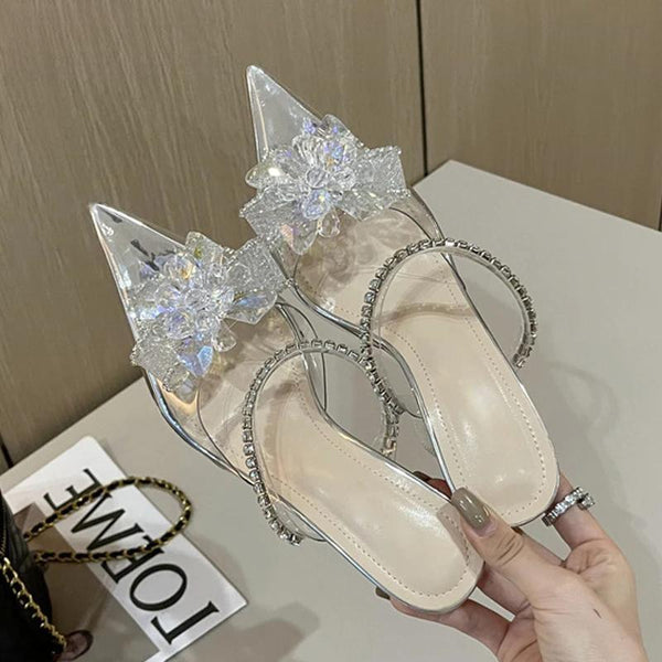 Fashion String Bead Crystal Buckle Women Pumps Sexy Pointed Toe Low Heels