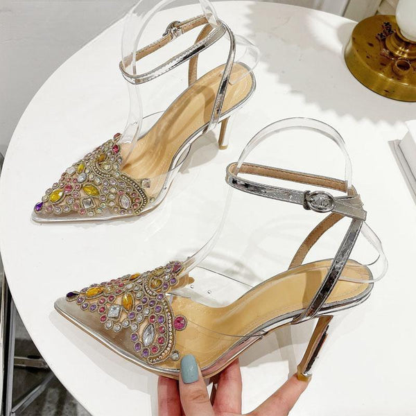 PVC Transparent Women Pumps Sexy String Bead CRYSTAL High Heels