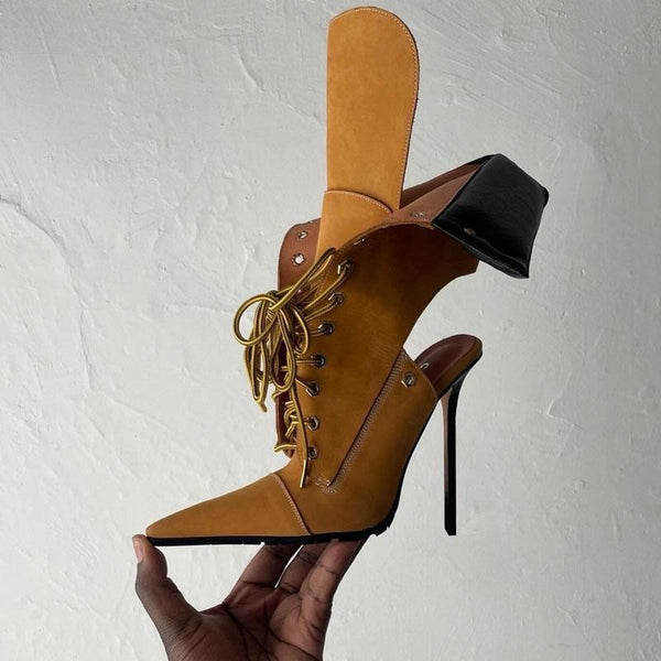 Cross Tied Leather Biker Boots  Novelty Pointed Toe Multi Buckle Strap Shoes Female High Heels Mid Calf Boots