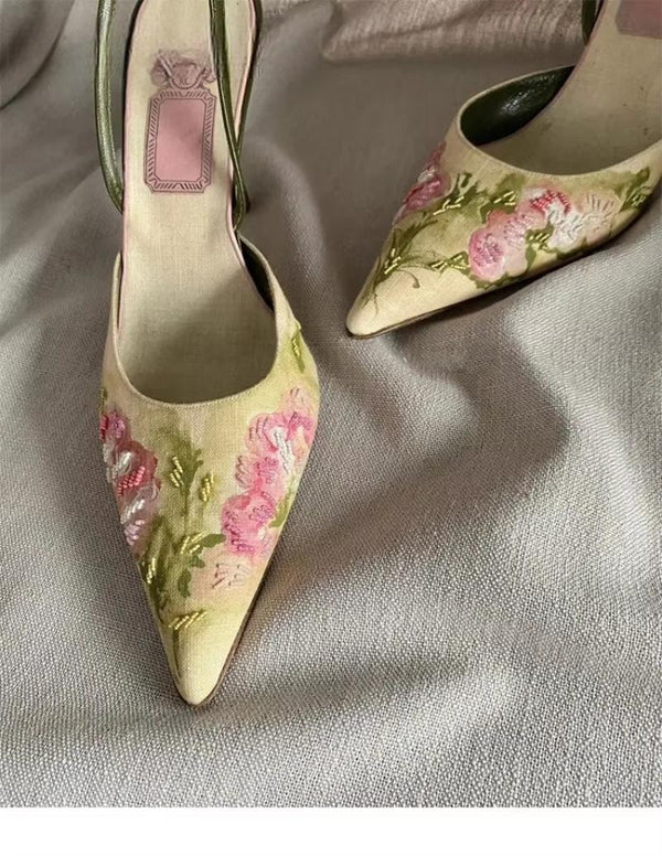 Flowers Embroidered Stiletto Heel Sandals Women Elegant High Heels