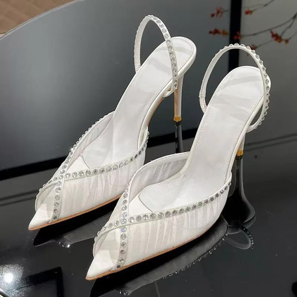 Transparent Mesh Pointed Toe Sandals Back Strap Thin Heels