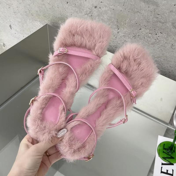 Sandalias peludas de piel de felpa de nueva marca para mujer con tacones finos