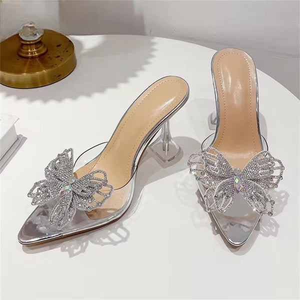 Zapatillas de mujer con lazo de cristal, estilo moderno, sexys, con punta puntiaguda y tacones extraños.