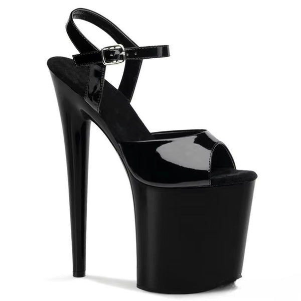 Sandalias de tacón de aguja de 20 cm con empeine negro mate, estilo club nocturno de verano, lacadas al horno.