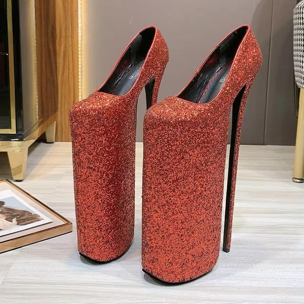 Zapatos de tacón de aguja rojos con brillos para mujer, sexys, de tacón alto y fino de 30 cm.