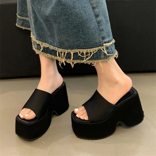Pantuflas de satén con plataforma y punta abierta para mujer, zapatos de tacón alto y suela gruesa, de verano