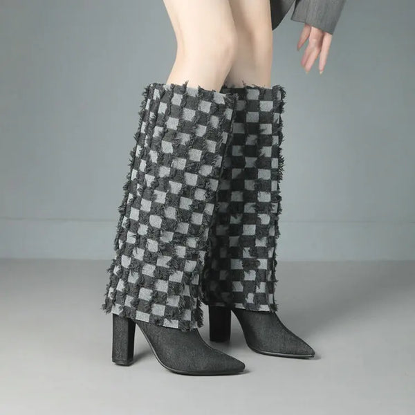 Women Knee High Boots Square High Heel Pointed Toe Ladies Calf Boots