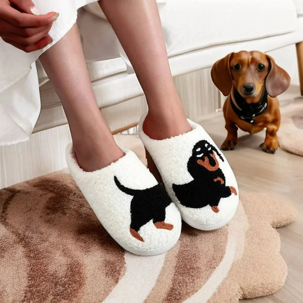 Pantuflas de algodón peludas con bordado de perro salchicha y patrón de mascota