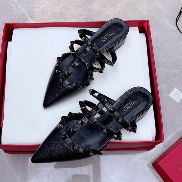 Shoes For Women 2025 Trend Luxury Leather Slippers Outdoor  Rivets Block Heels Casual Ladies Shoe