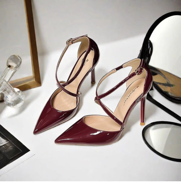new style red sole hollow cross strap, simple and sexy pointed single shoes