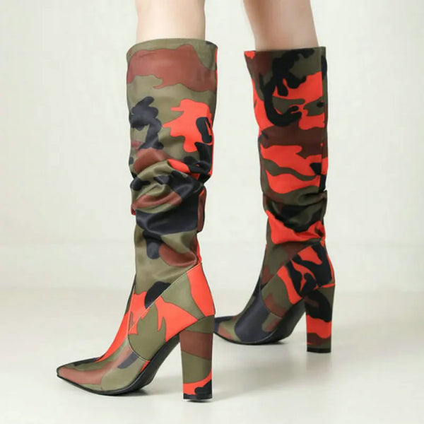 Women Knee High Boots Pointed Toe Square High Heel Ladies Calf Boots