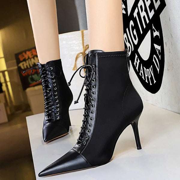 Botas sexis con tiras cruzadas para mujer, botas de tacón alto con punta puntiaguda y tacón de aguja.