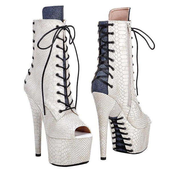 Botas modernas de tacón alto con plataforma para fiesta, de 17 cm/7 pulgadas, con parte superior de PU beige para mujer