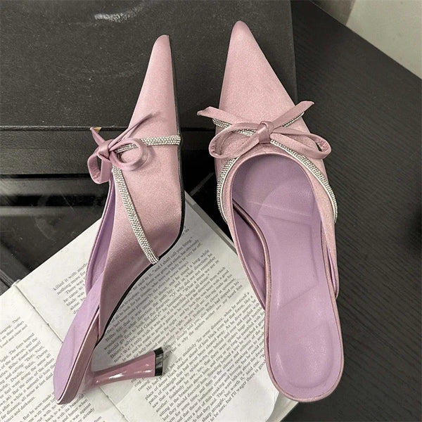 Zapatillas de mujer con nudo de mariposa, diseño de tacones bajos, zapatos de punta puntiaguda para mujer