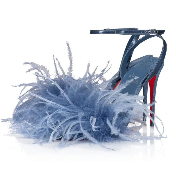 New red soled shoes denim elegant feather round toe