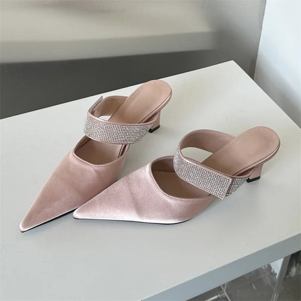 High Quality CRYSTAL Satin Woman Pumps Slippers Woman