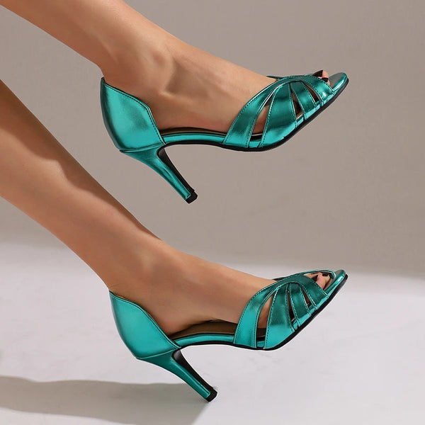 Summer  High Heel Shoes Open Toe Thin High Heel Ladies Sandals PU Leather Slip on Dress Fashion Women Shoes