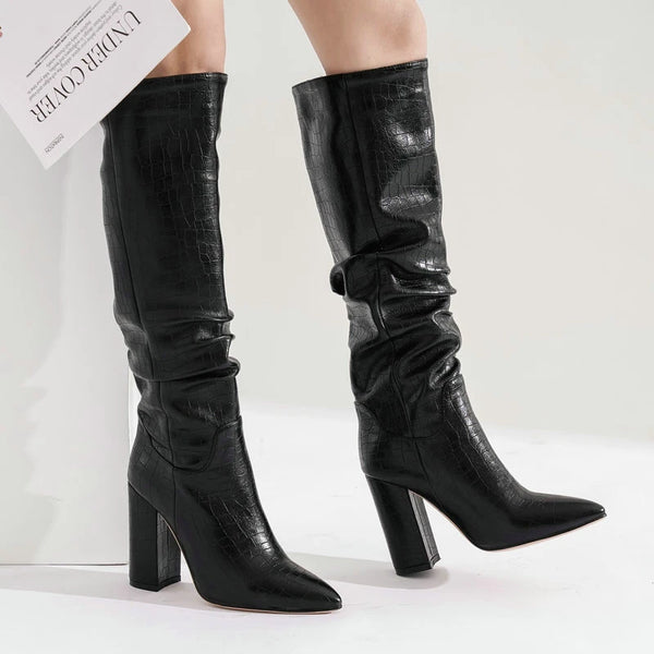 Fall Winter Women Knee High Boots Pointed Toe Square High Heel Ladies Calf Boots