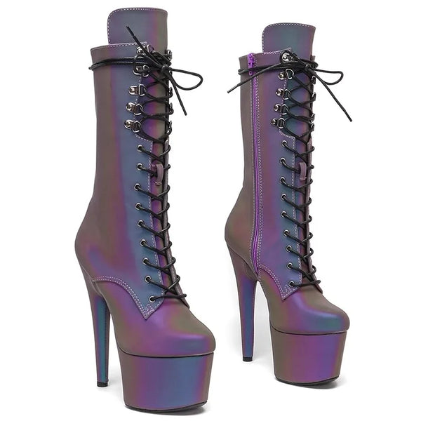 Botas modernas de tacón alto con plataforma para mujer, de 17 cm/7 pulgadas, con material reflectante, para fiesta