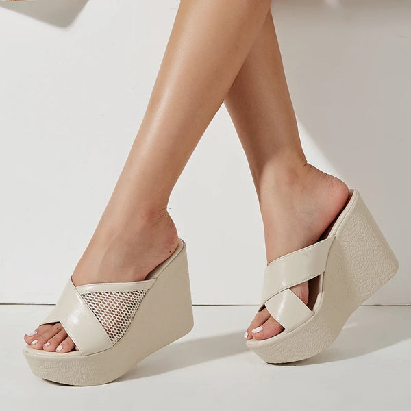 Hollow Out Breathable Mesh Women's Wedge Slippers Platform Sandals Black High Heels