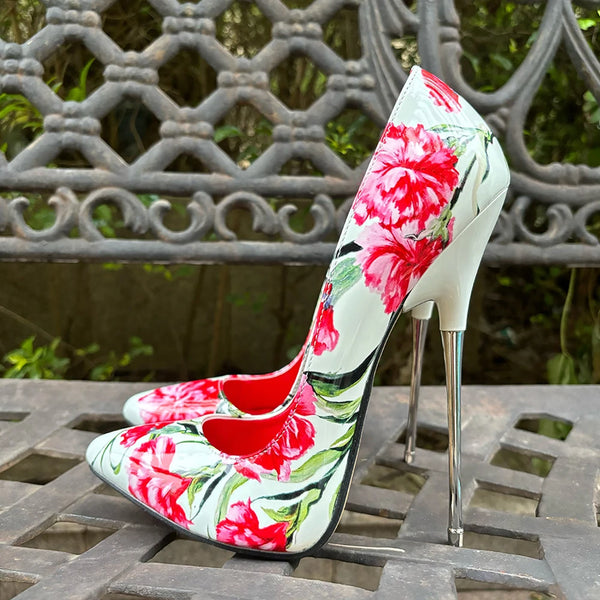 Tacones altos de metal de 16 cm con estampado floral en rojo en el interior, tacones sexis para mujer