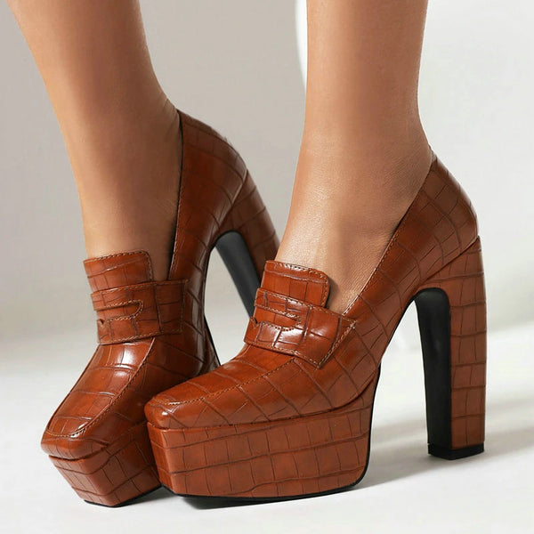 Spring Women High Heel Shoes Platform Thick High Heel Ladies Pumps PU Leather Square Toe Slip on  Women Shoes