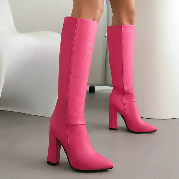 Women Knee High Boots Square High Heel Pointed Toe Ladies Calf Boots PU Leather Slip on Winter Dress Women's Boots