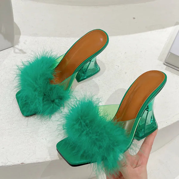 Sexy Strange Transparent Heels Slippers Fashion Fur Feather Summer Sandals