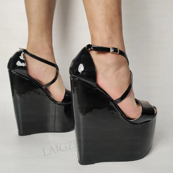 Sandalias de plataforma con cuña para mujer, tacones altos brillantes de 20 cm y punta abierta.