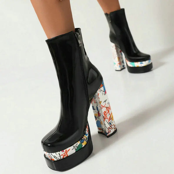 Plus Size Women Ankle Boots Platform Square High Heel Ladies Short Boots