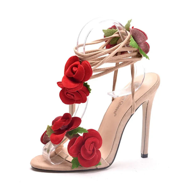 Crystal Queen Women Sandals Red Rose Flower Cross-tie High-heels