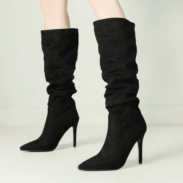 Women Knee High Boots Thin High Heel Pointed Toe Ladies Calf Boots