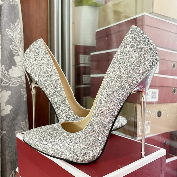 Customize Shiny Silver Women 16cm Extreme Metal High Heels Bling Gold Stilettos