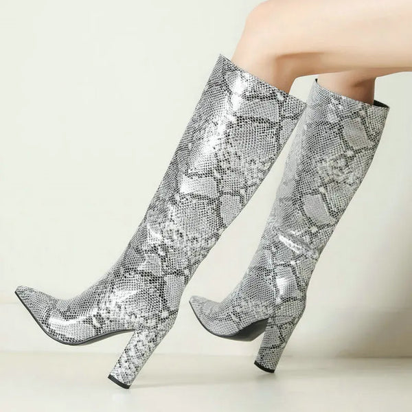 Women Knee High Boots Pointed Toe Square High Heel Ladies Calf Boots