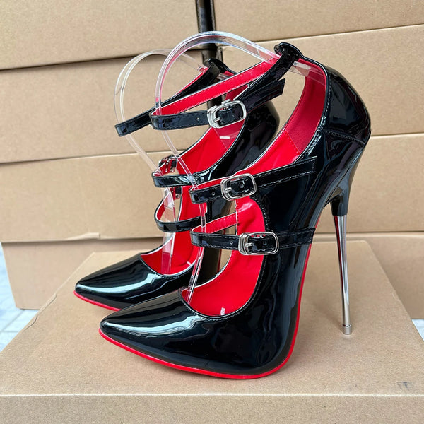 Fashion Design 16cm Unisex High Heels Ankle Strap Sexy Red inside Fetish Stilettos