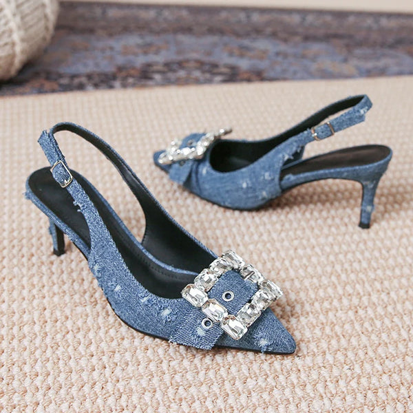 Slingback Sandals Women Fashion Crystal Buckle Pointed Toe Blue Denim High Heels