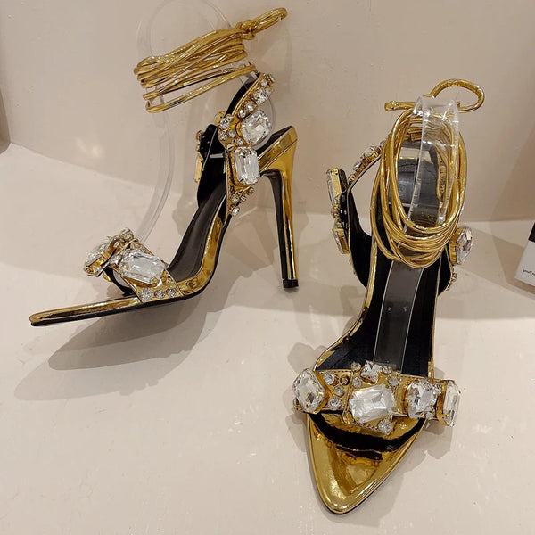 Sandalias de verano con tacones de aguja y diamantes de imitación para mujer