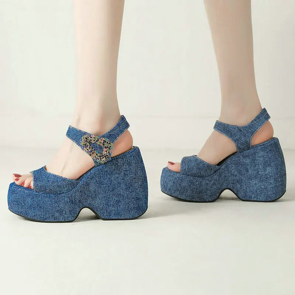 Summer Women High Heel Shoes Platform Square High Heel Ladies Sandals PU Leather Open Toe Buckle Dress Fashion  Shoes