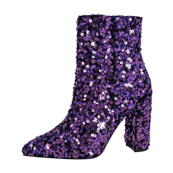 Botines de tela con lentejuelas y punta puntiaguda para mujer