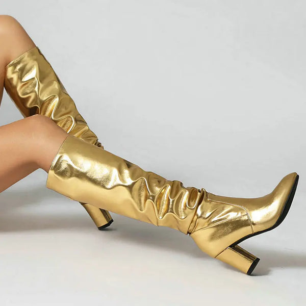 Women Knee High Boots Pointed Toe Square High Heel Ladies Calf Boots