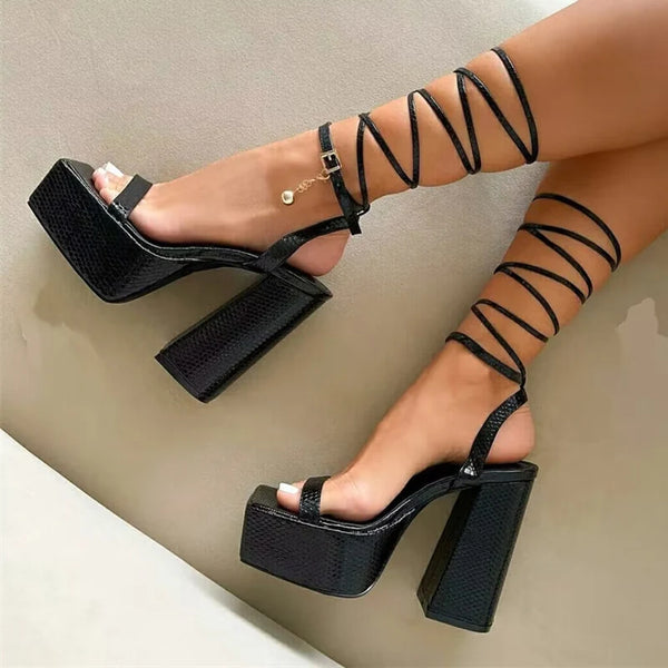 Summer Sexy Snake Print Thick Bottom Open Toe Platform Chunky Sandals