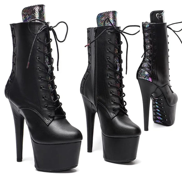 Botas modernas de tacón alto con plataforma para mujer, parte superior de PU negra, 17 cm/7 pulgadas, para fiesta