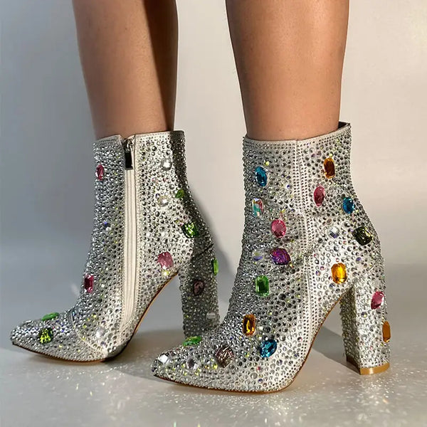 Women Rhinestones Ankle Boots Pointed Toe  Zipper  Luxury Bling  Party Dress Big Size Lady Booties