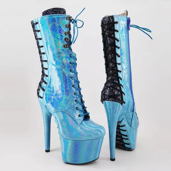 Botas modernas de tacón alto con plataforma para mujer, de 17 cm/7 pulgadas, con parte superior de PU azul y negro, para fiesta