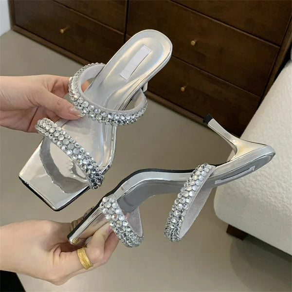 Street Style CRYSTAL Hollow Out Women Slippers Fashion Square Toe Thin Low Heels