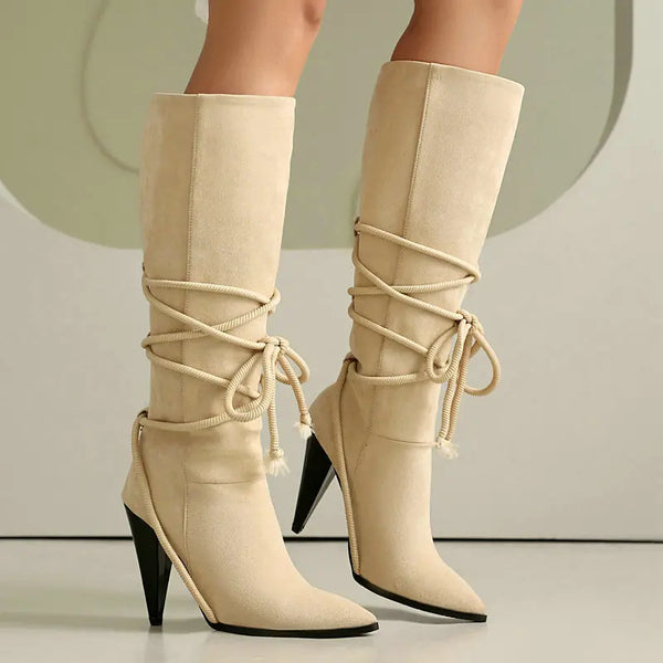 Women Knee High Boots Pointed Toe Spike High Heel Ladies Calf Boots