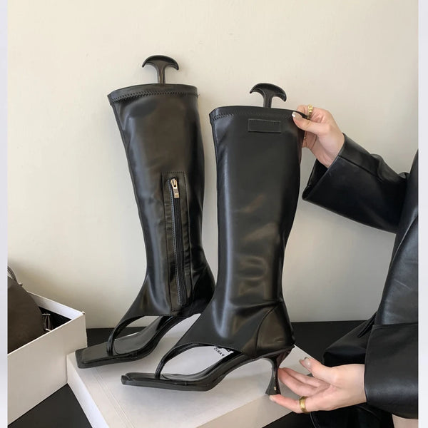Open Toe Clip-On Women Knee High Boots Sock Booties Thin Low Heels