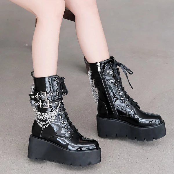 Botines de discoteca de moda, tacón alto de 7 cm, plataforma, cadenas con remaches para mujer
