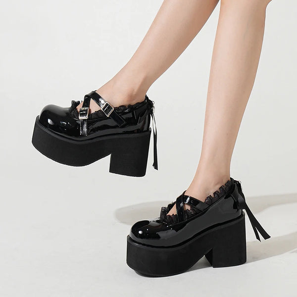 Fashion Patent Leather Lace Platform Women Pumps Sandal Round Toe Chunky High Heels